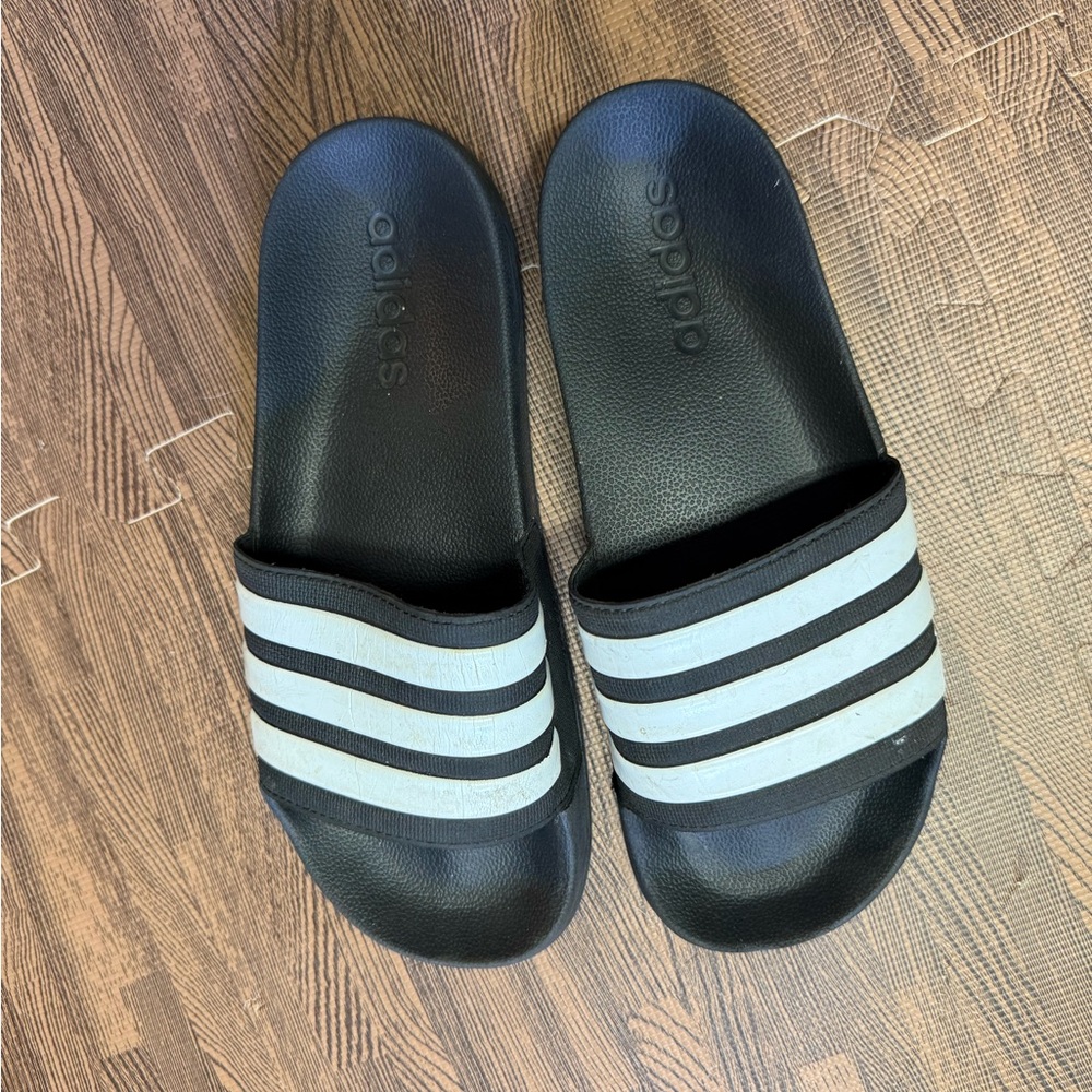 Adidas Black and White Striped Slides